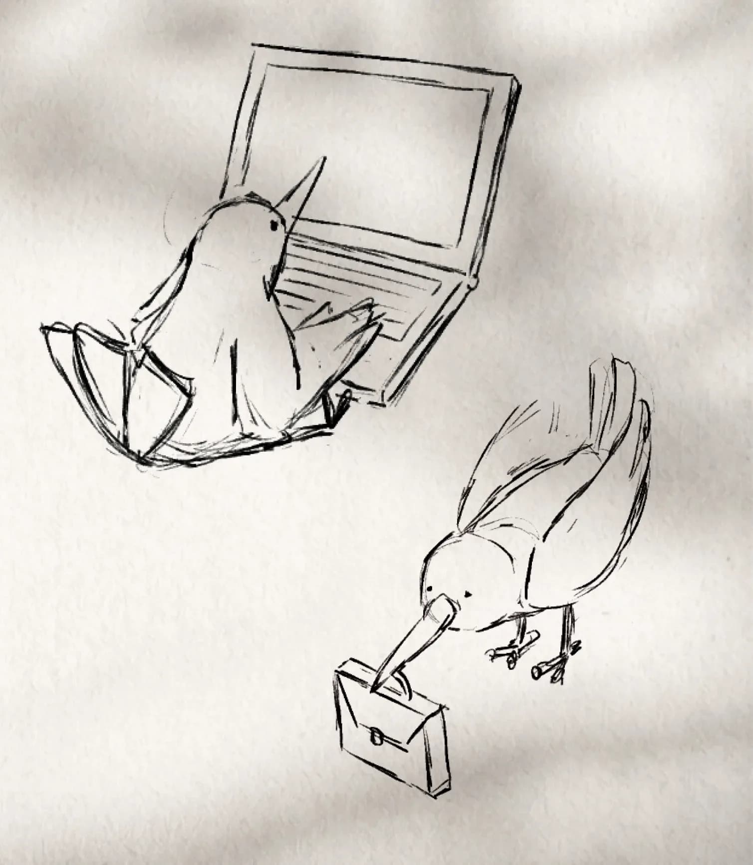 Sketches of Boost's mascot interacting with a computer and work objects