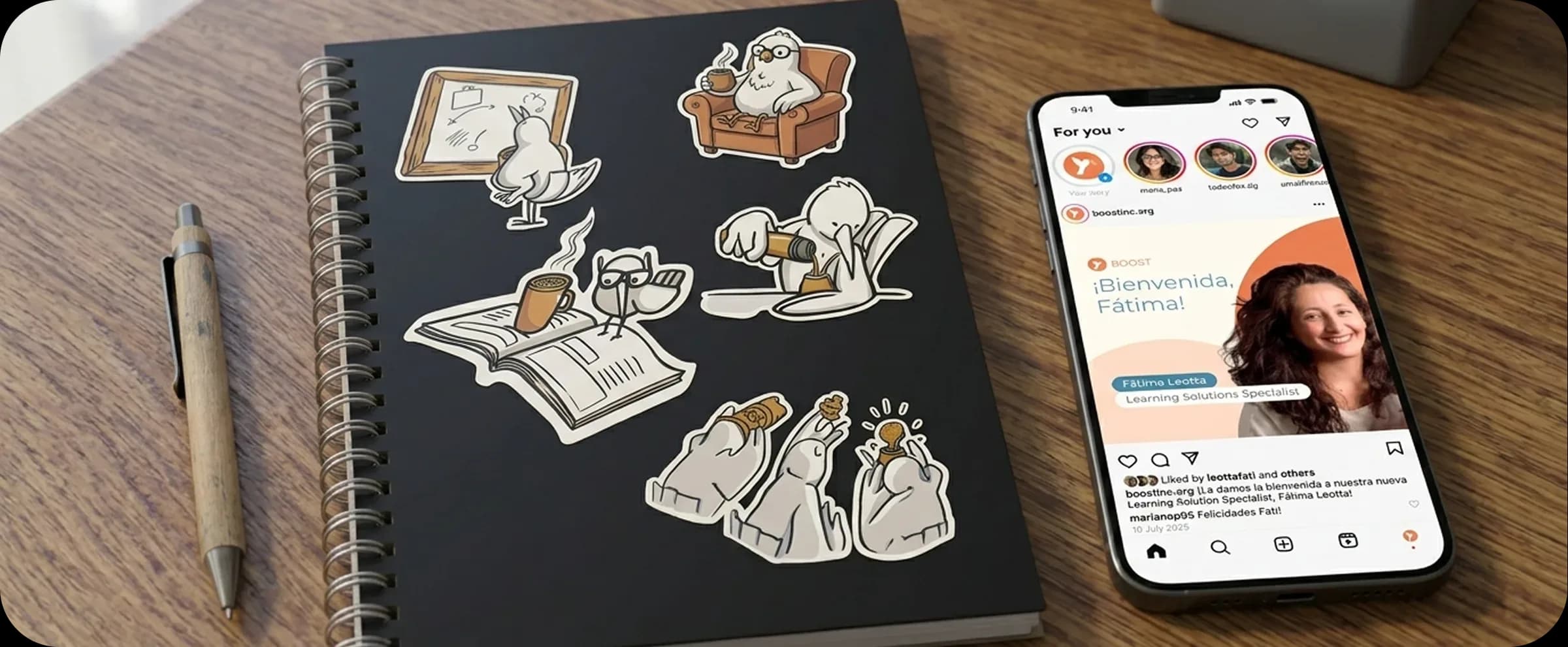 Boost's illustrated mascot used on stickers and social media pieces