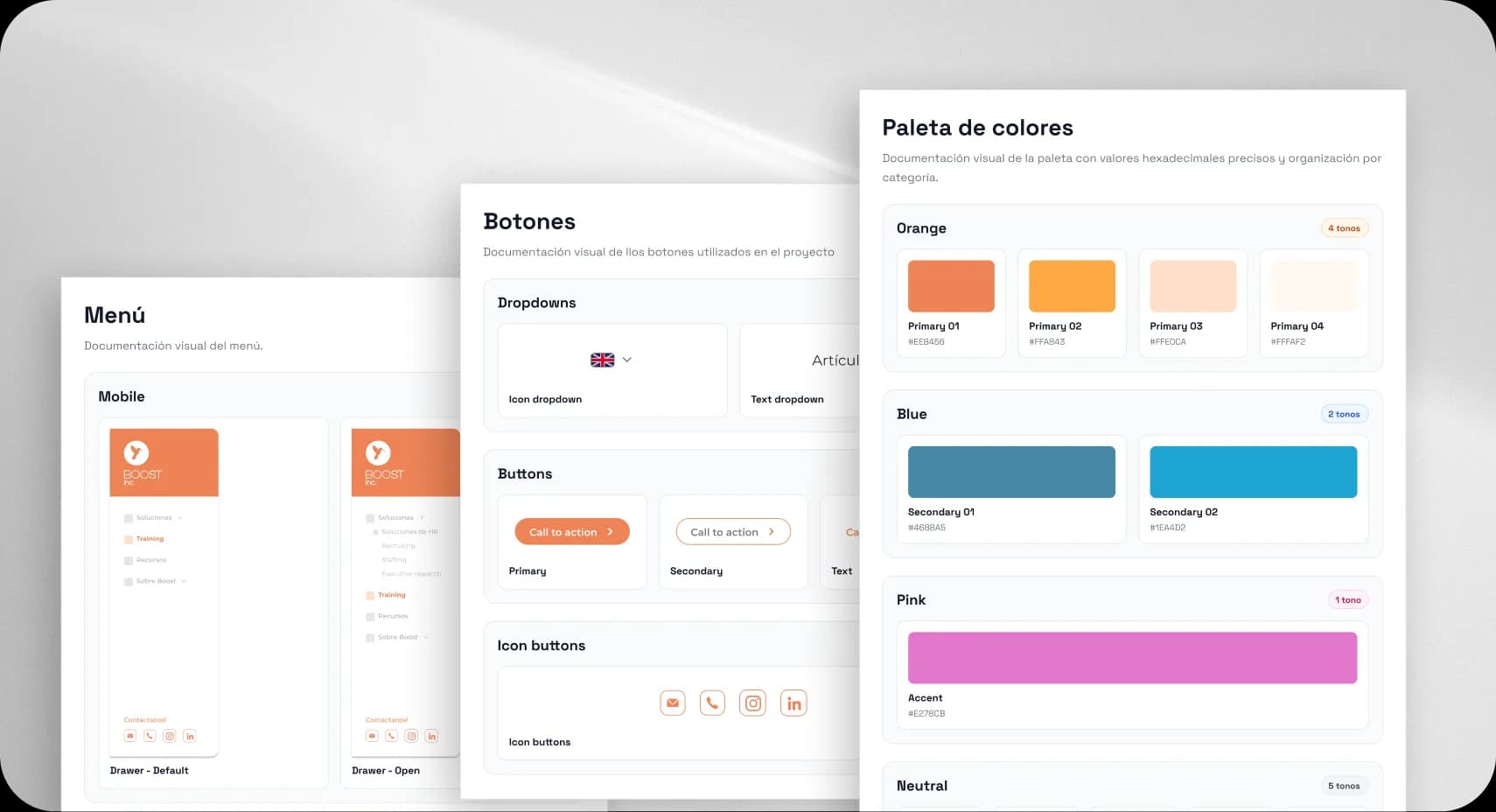 Documentación de componentes, menú y paleta de colores de la landing de Boost Inc.