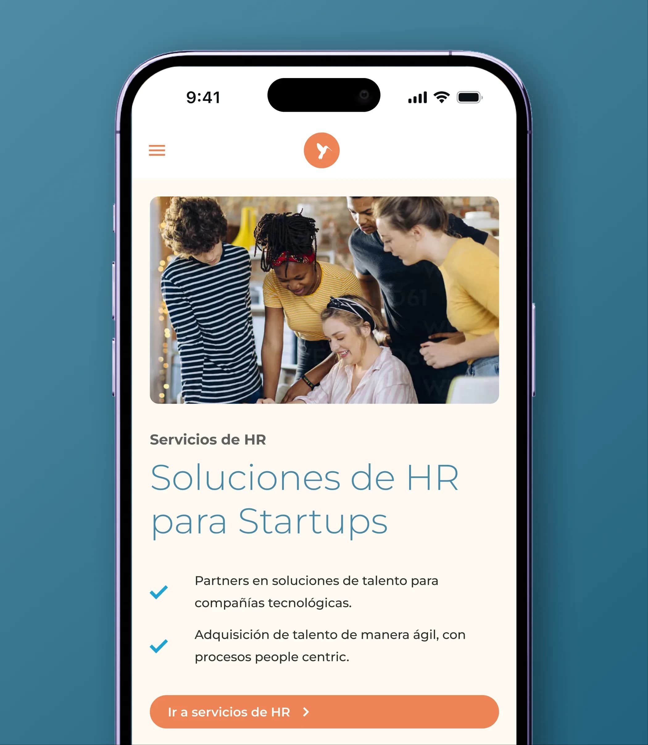 Mobile design of the human resources services section for startups