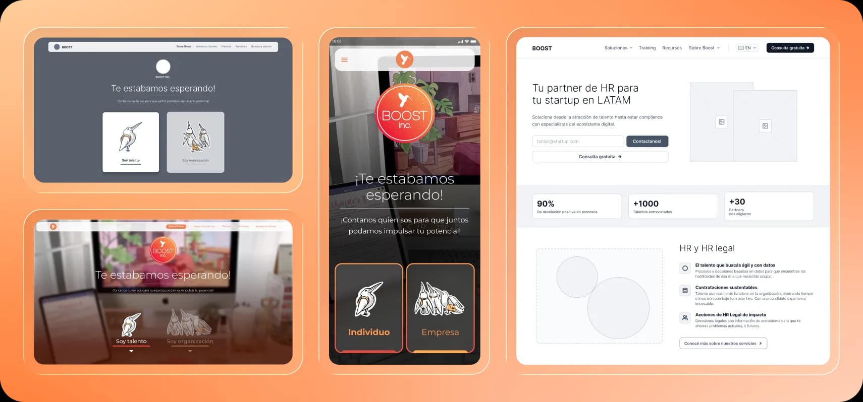 Exploraciones de diseño para las versiones de escritorio y mobile de la landing de Boost