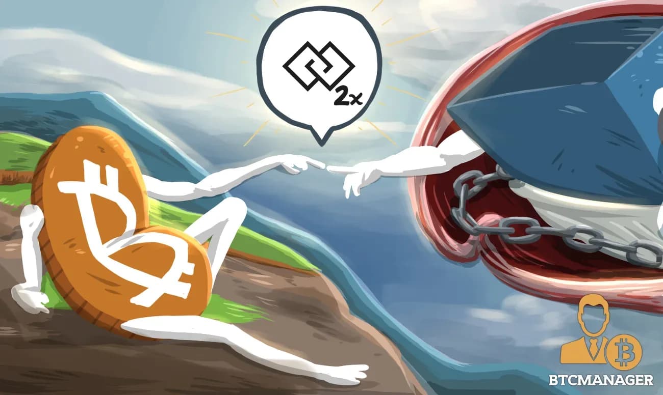 Illustration inspired by Michelangelo's The Creation of Adam, with Bitcoin reaching toward a chained cube and the SegWit2x symbol between them