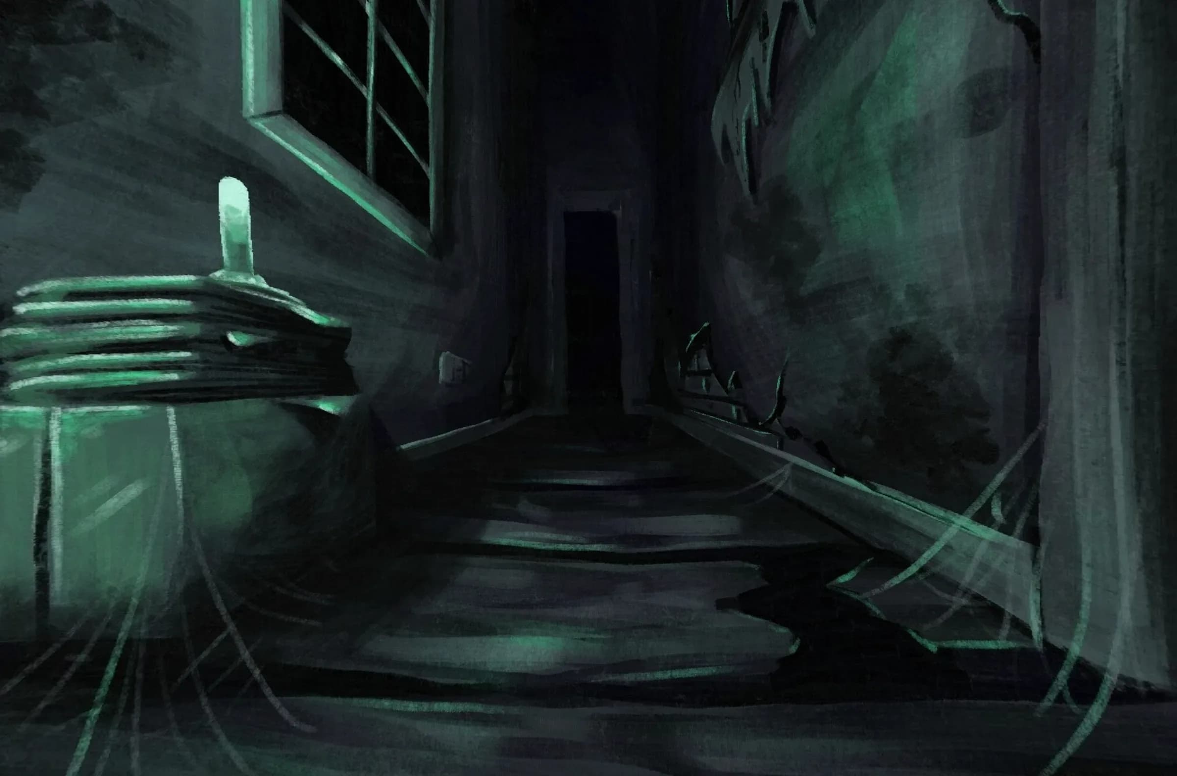Dark, deteriorated hallway in one of the Ghostlighting lyric video's scenes