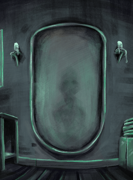 Animated figure approaching behind a glass door in the Ghostlighting lyric video