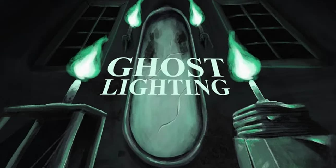 Título Ghostlighting integrado en uno de los escenarios ilustrados del lyric video