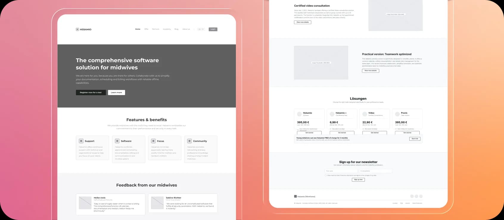 Exploraciones de diseño para la versión de escritorio de la landing de Hebamio