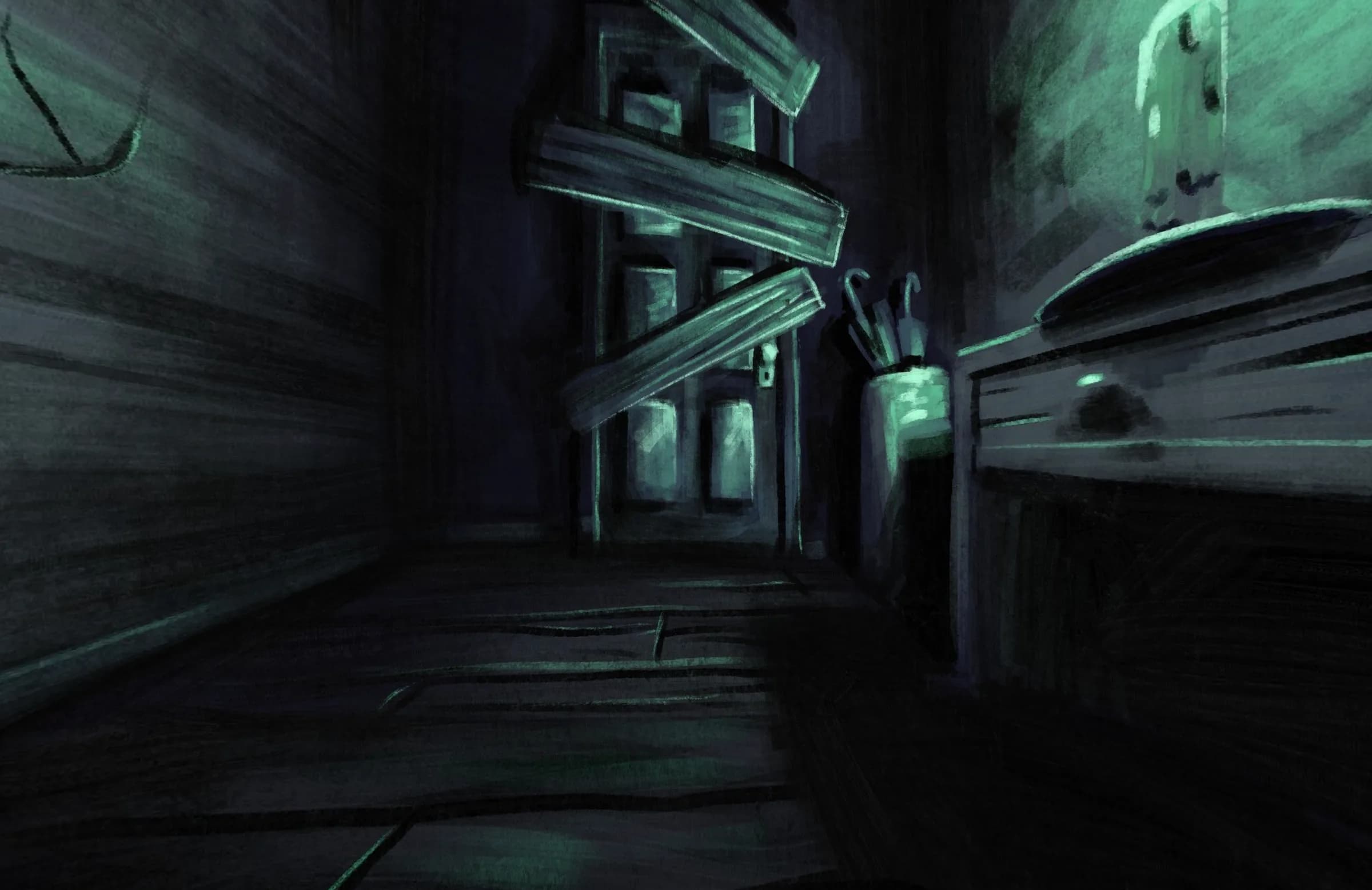 Escenario interior oscuro del lyric video Ghostlighting, con una puerta bloqueada por tablones