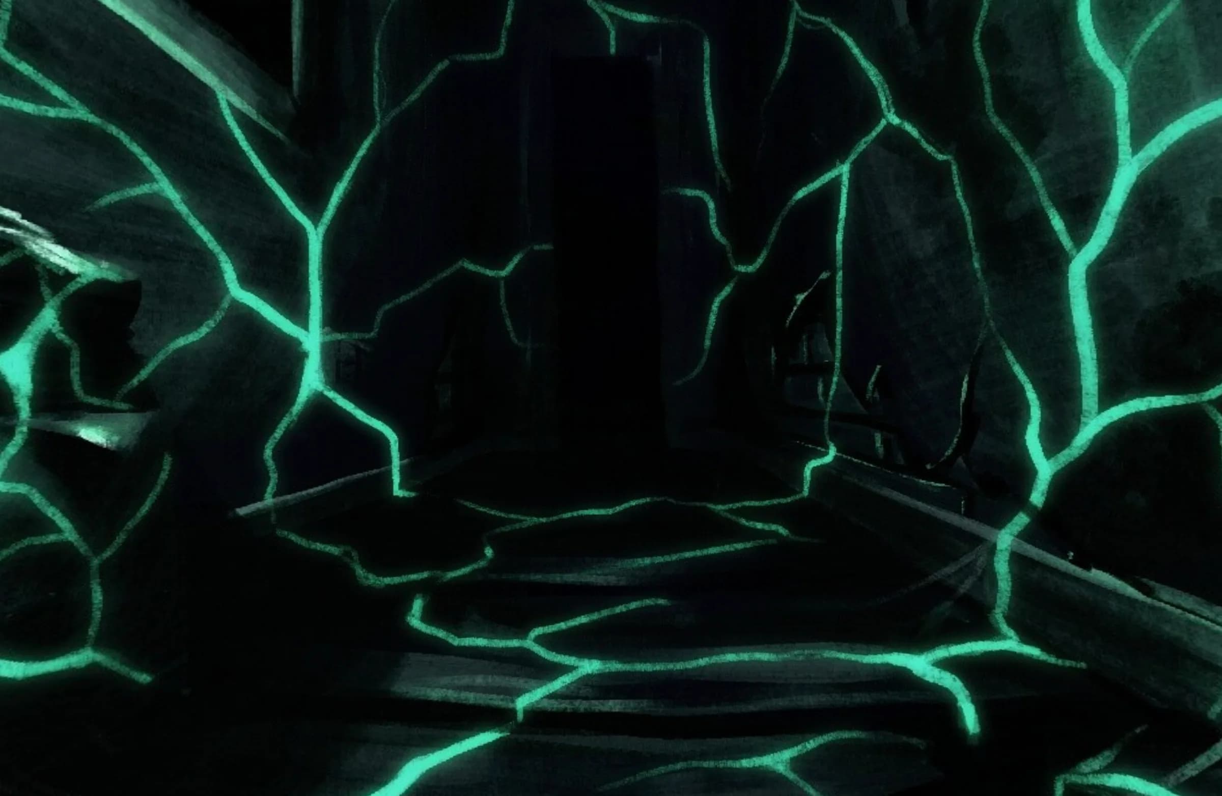 Escenario del lyric video Ghostlighting atravesado por grietas luminosas verdes