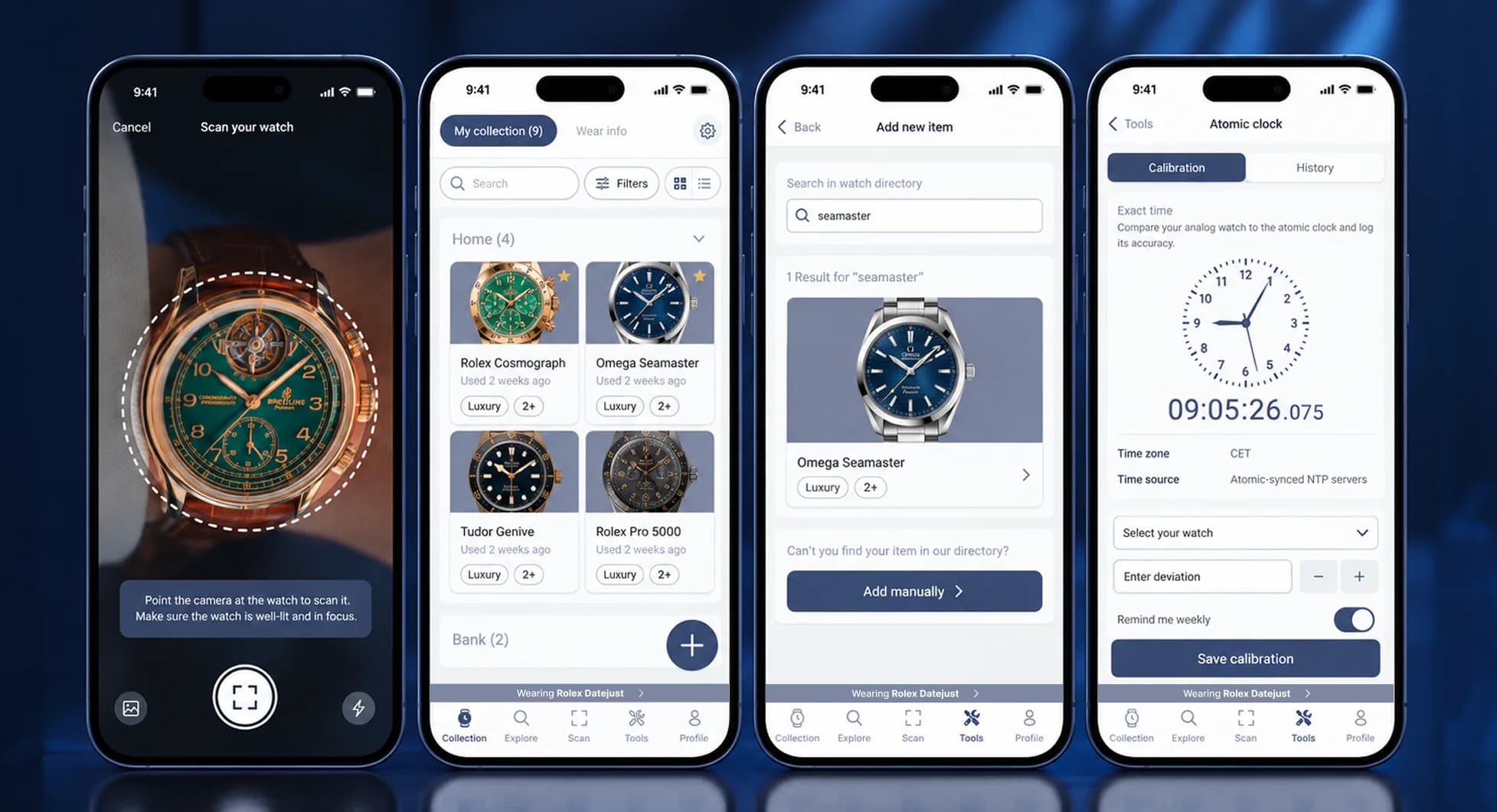 Interfaces de la aplicación para escanear relojes, gestionar la colección, agregar nuevas piezas y utilizar herramientas de calibración