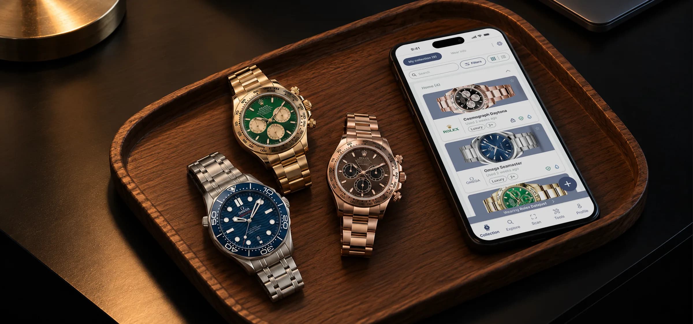 Aplicación de Luxury Watches junto a una colección de relojes de lujo