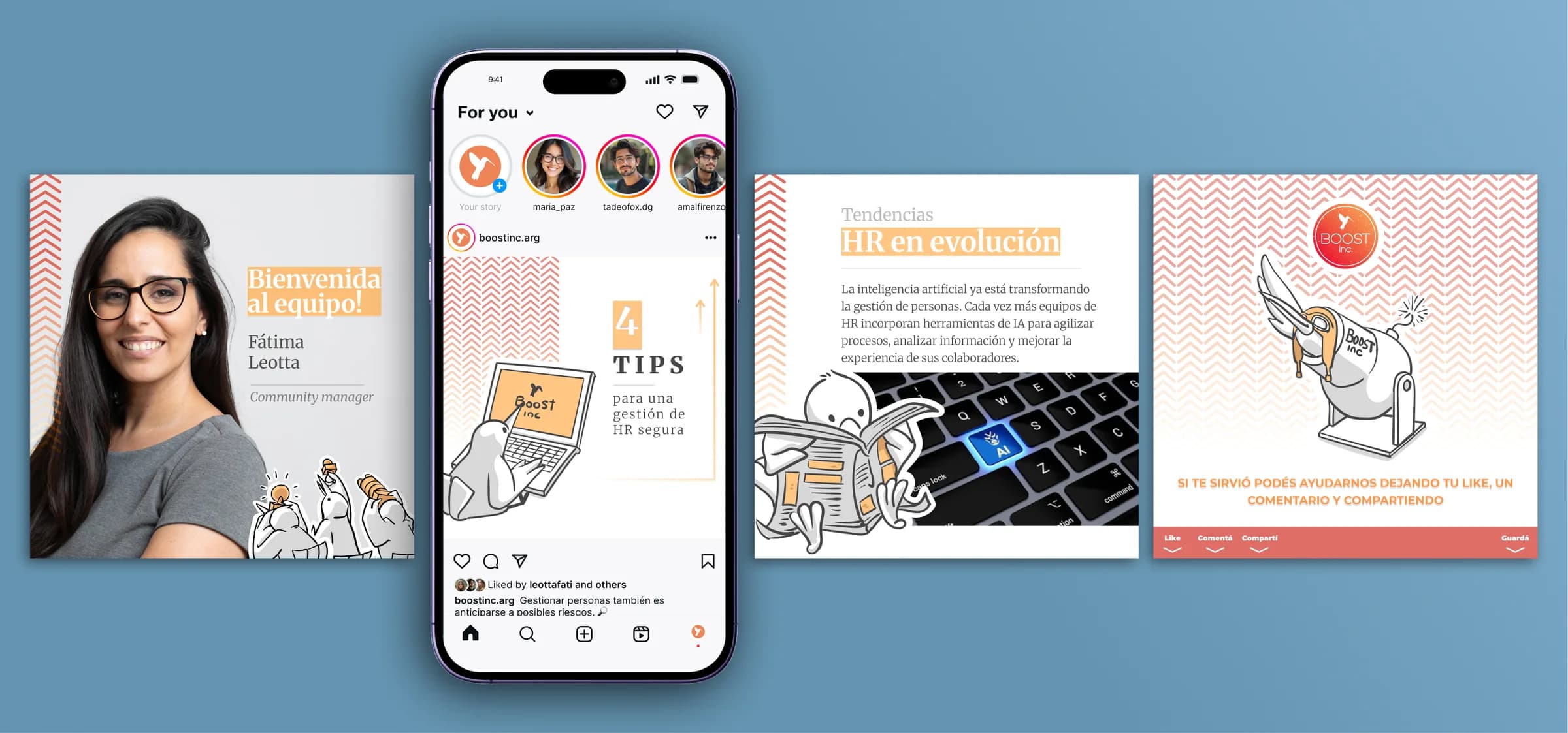 Sistema de ilustraciones de Boost aplicado en diferentes piezas para redes sociales