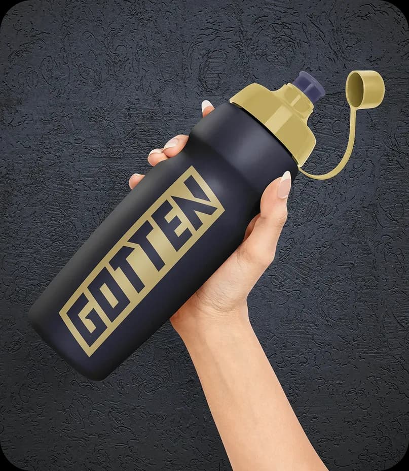 Gotten logo on a black-and-gold sports bottle