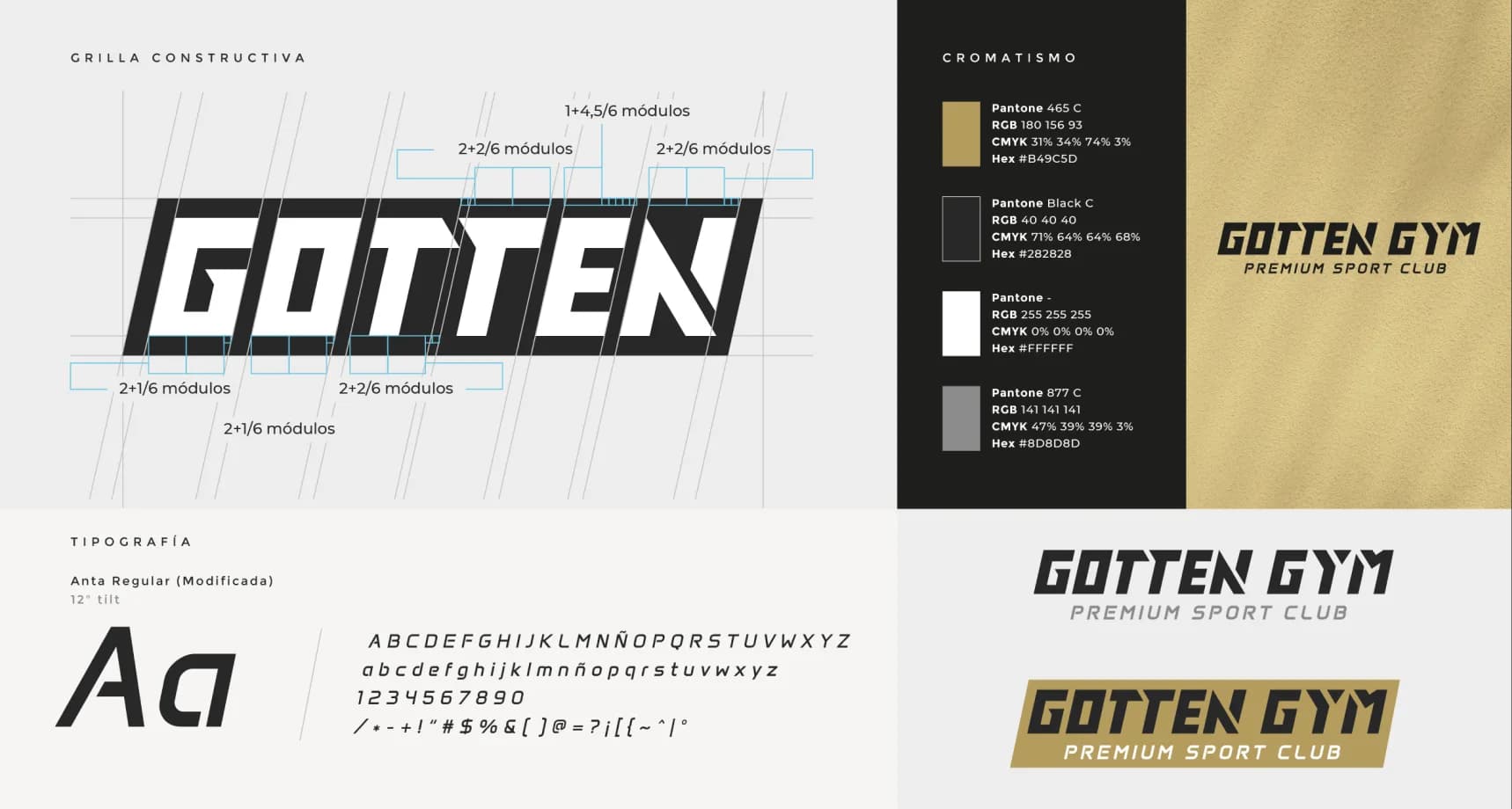 Sistema de identidad de Gotten con construcción del logotipo, tipografía y paleta cromática