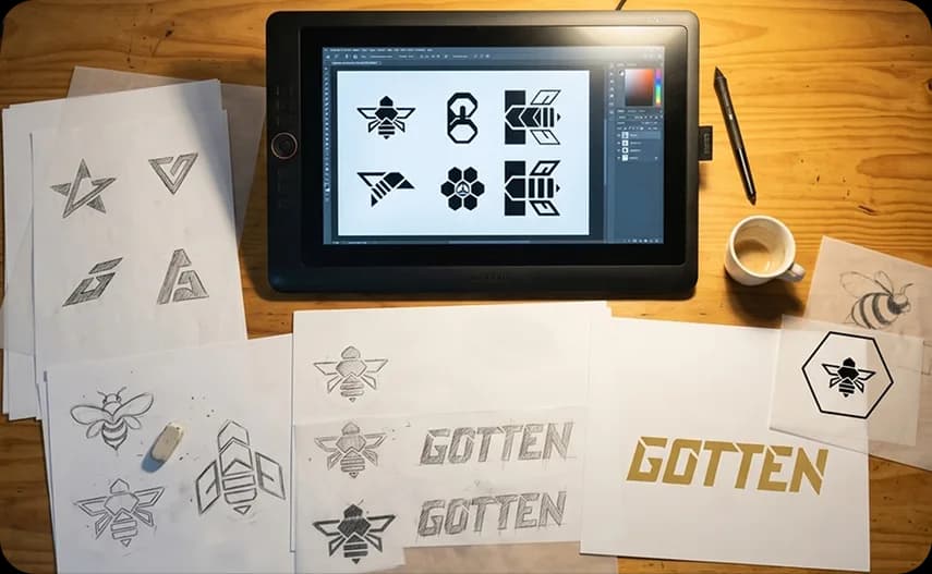 Exploraciones de símbolos y logotipos realizadas durante el desarrollo de la identidad de Gotten