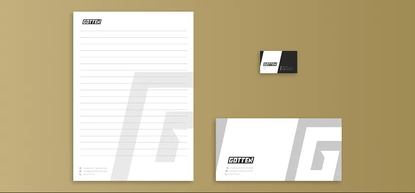 Identidad de Gotten aplicada en hojas membretadas, sobres y tarjetas
