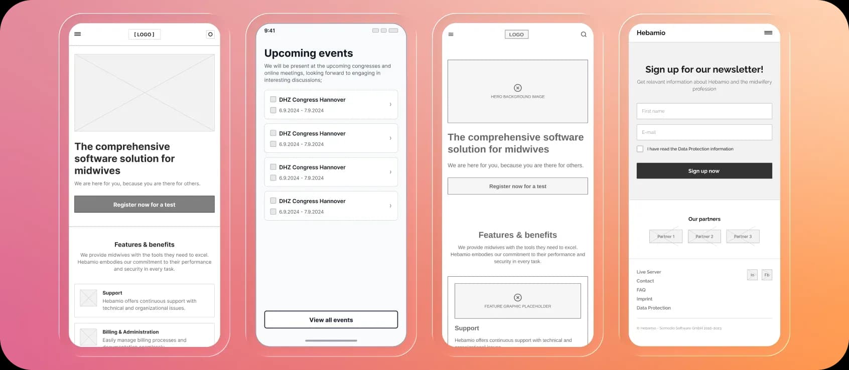 Design explorations for the mobile version of Hebamio's landing page