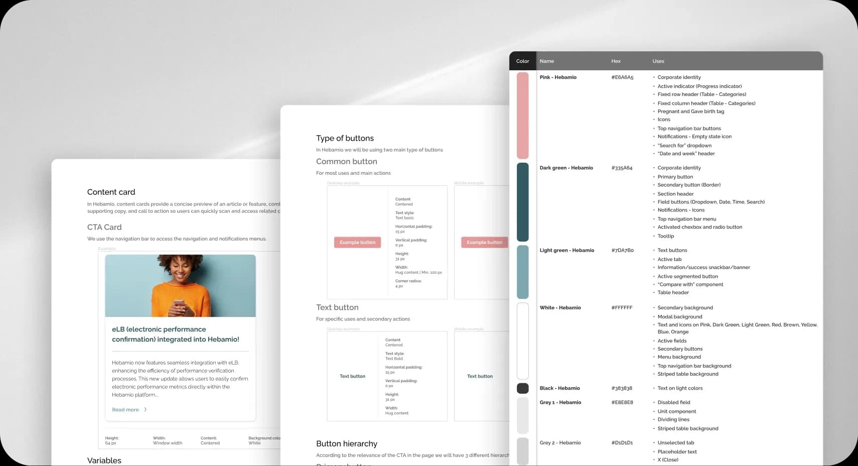 Component, navigation, and color palette documentation for Hebamio's landing page