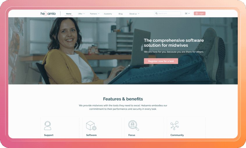 A tour of Hebamio's desktop landing page