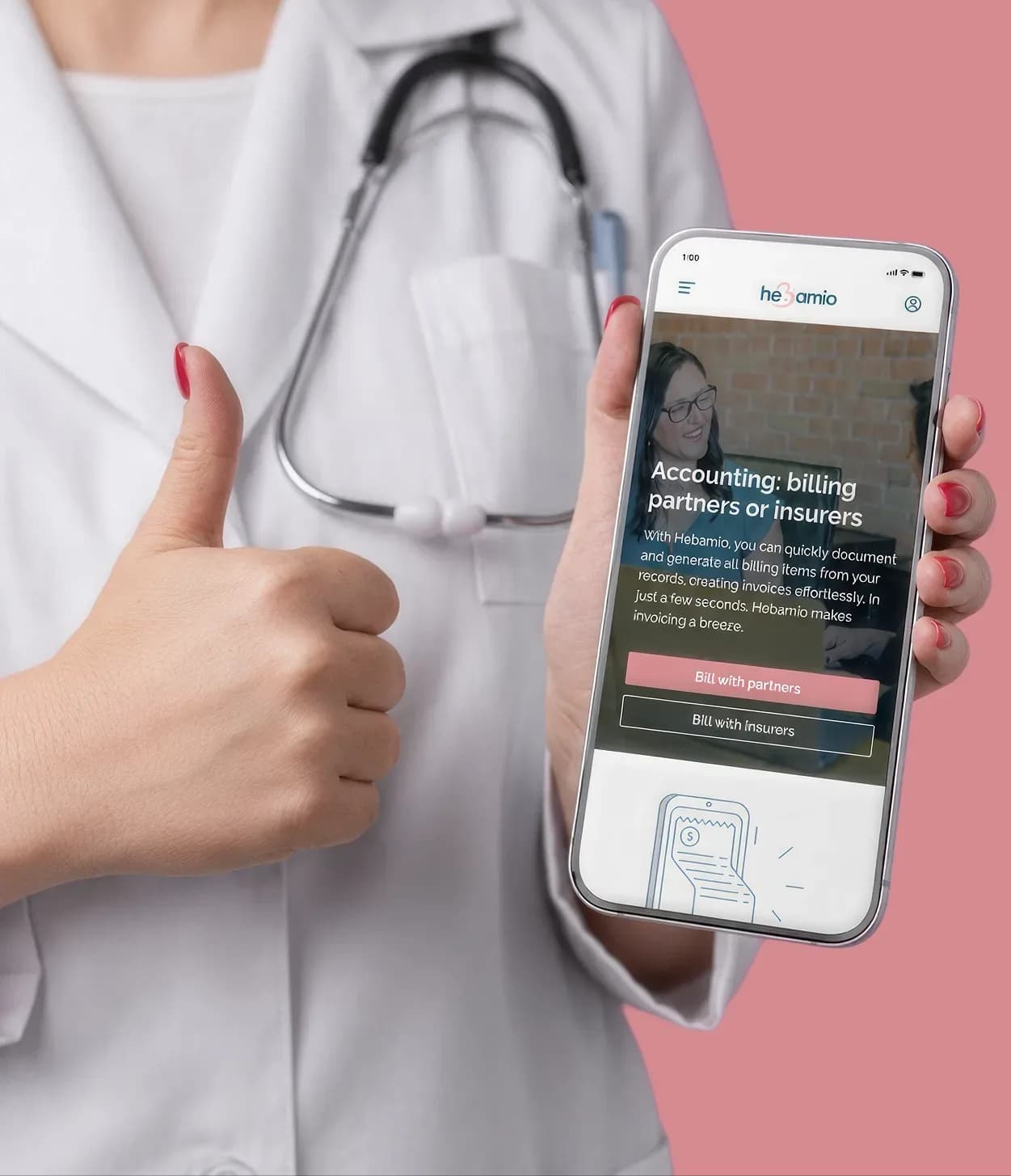 Hebamio's mobile landing page showing billing information