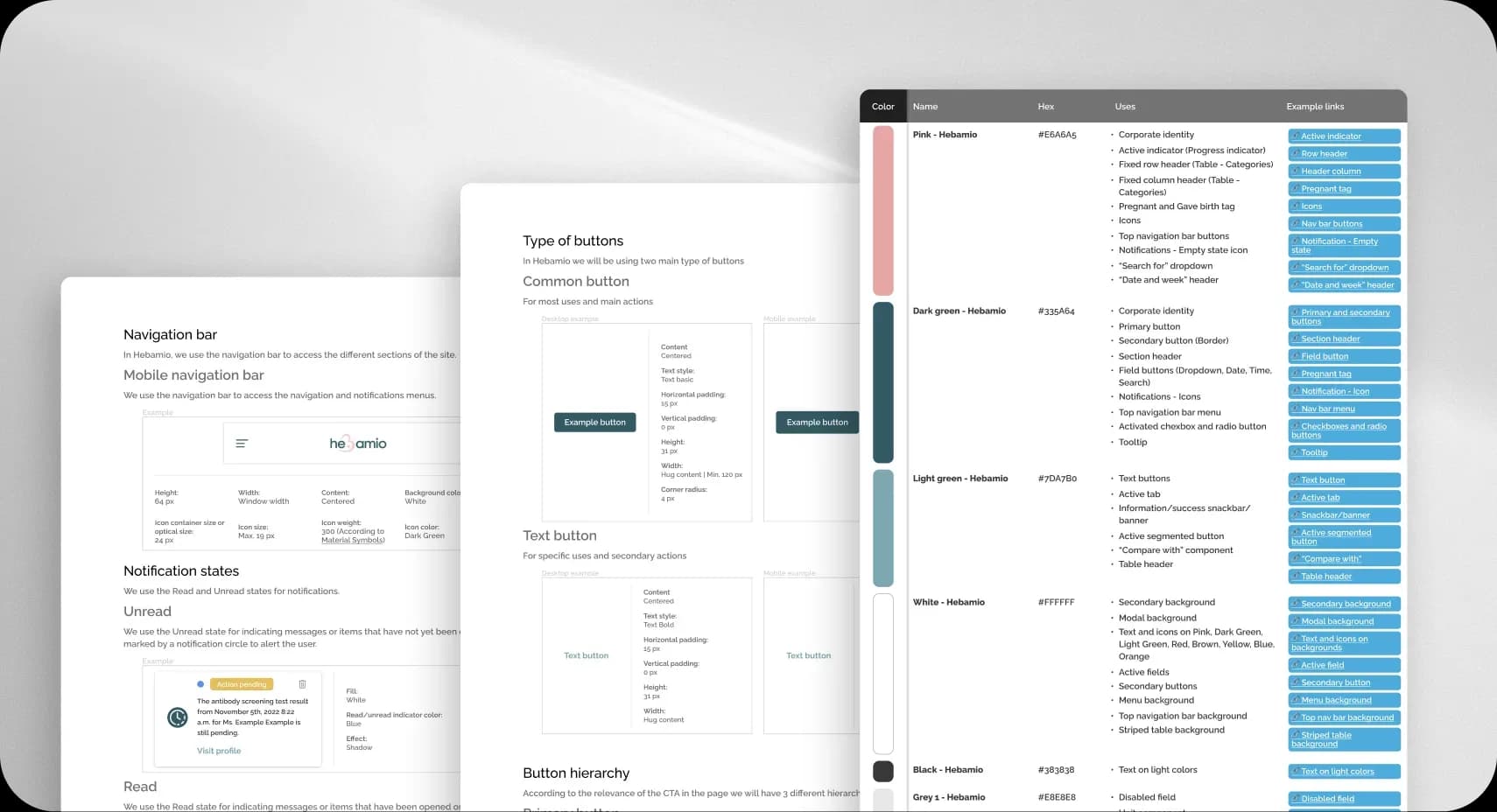 Component, navigation, and color palette documentation for the Hebamio platform