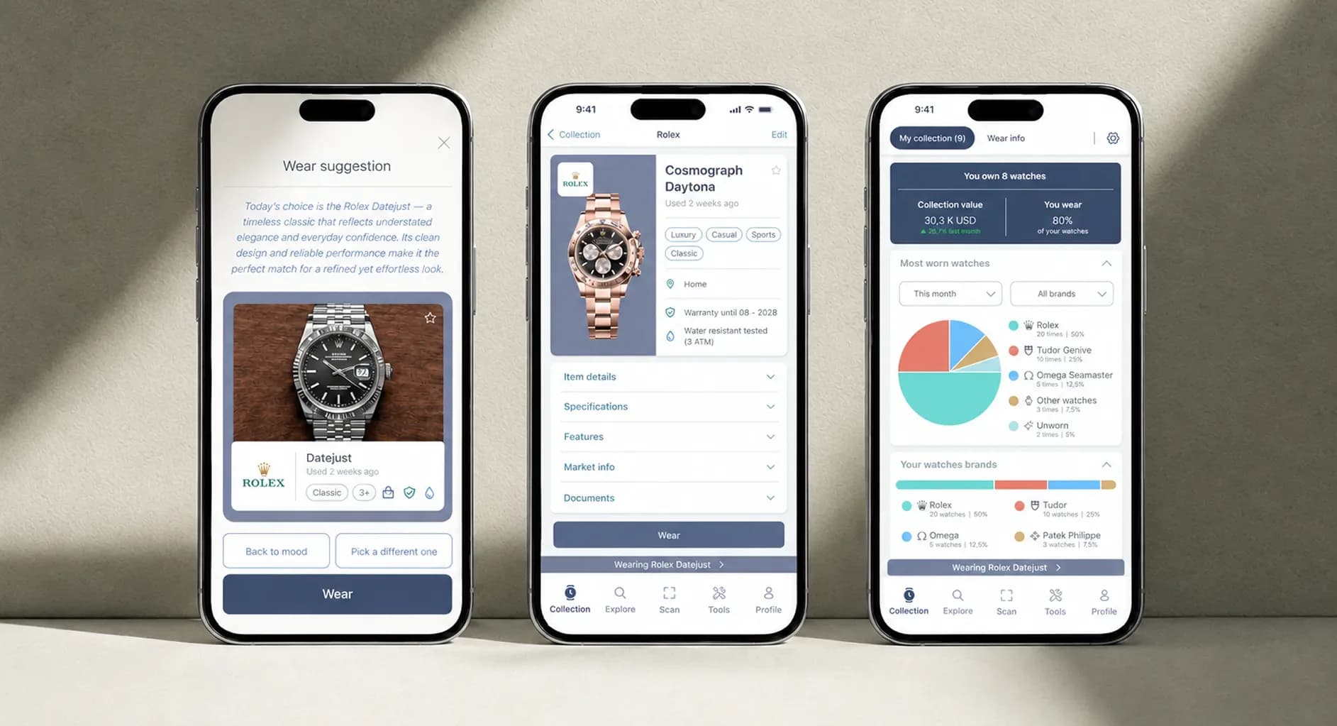 Final app design showing a recommendation, watch details, and collection statistics