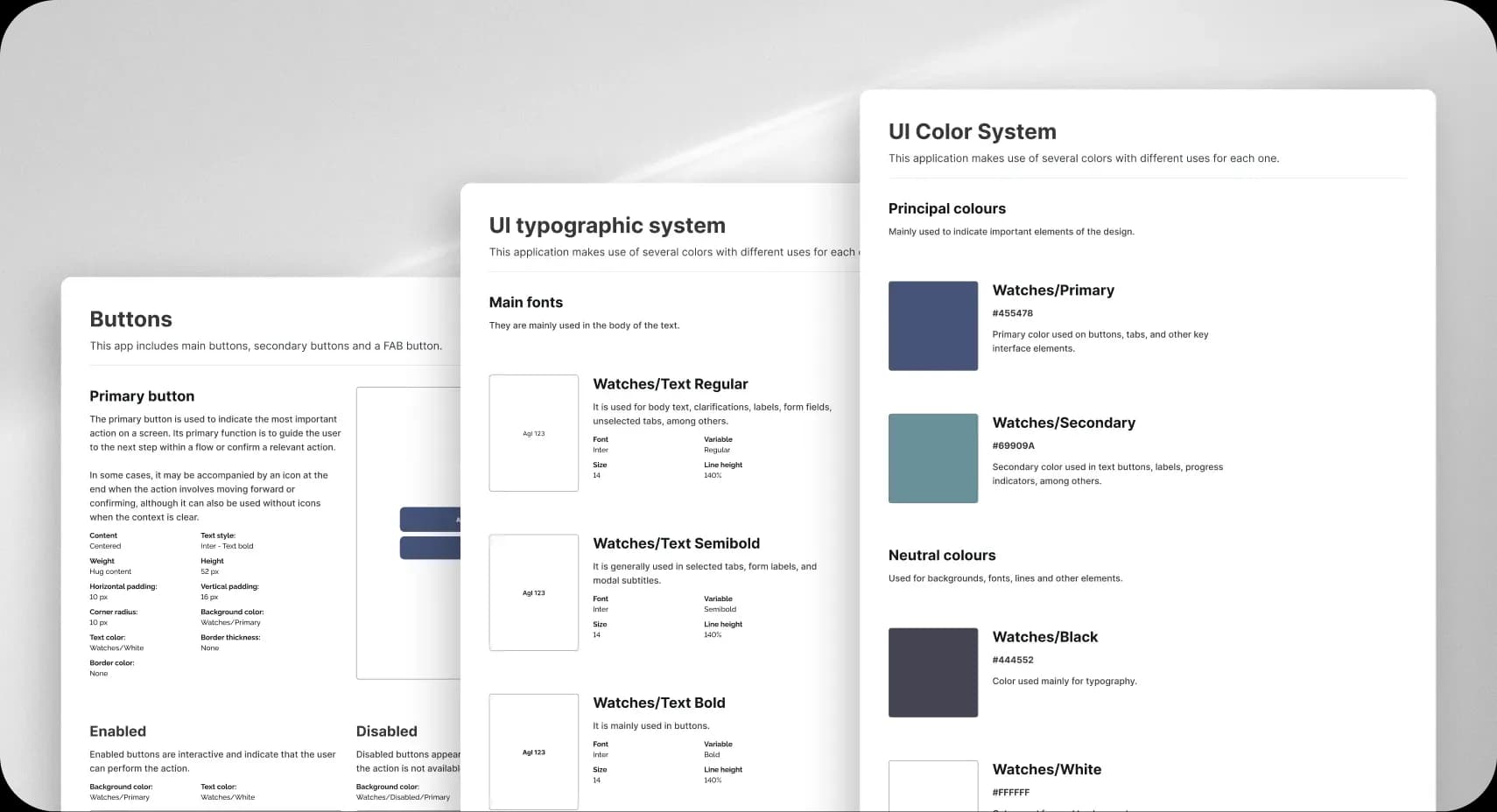 Component, navigation, and color palette documentation for the Luxury Watches platform