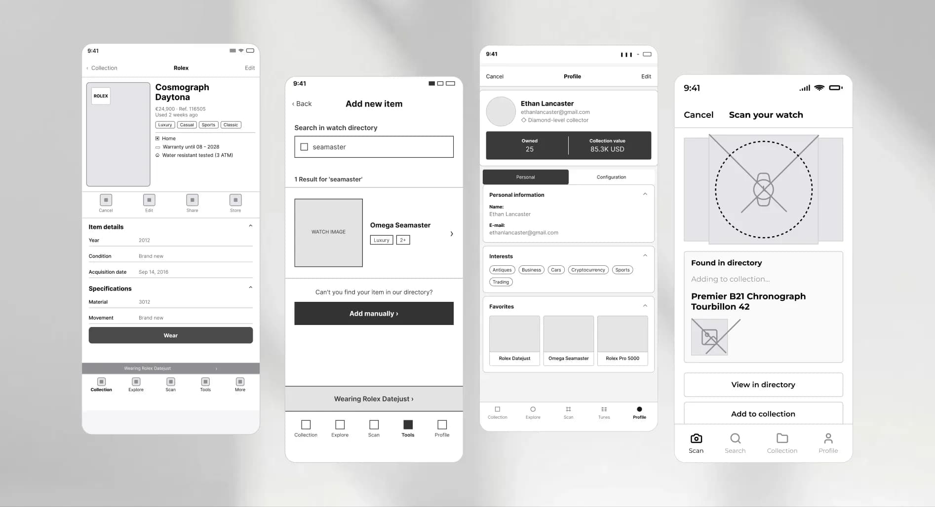 Low-fidelity app wireframes exploring watch details, adding new pieces, the profile, and scanning