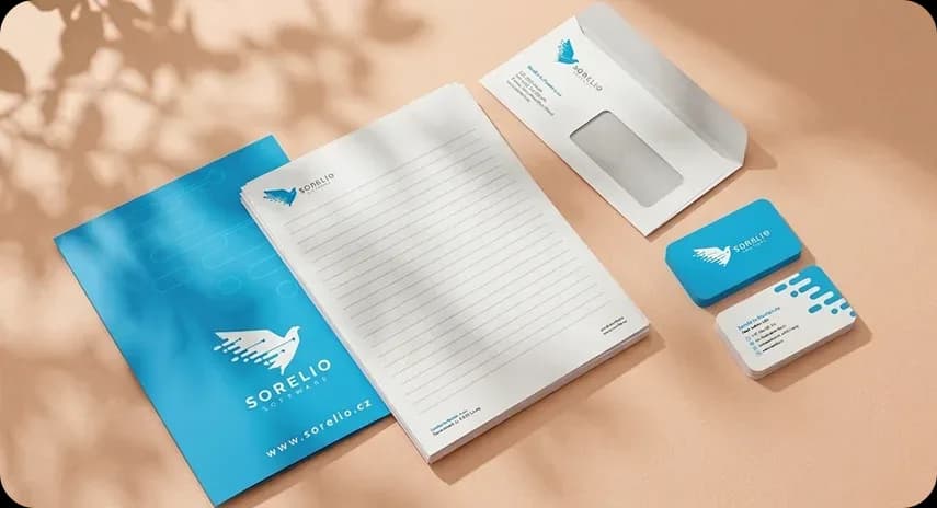 Sorelio identity applied to corporate stationery, envelopes, and business cards