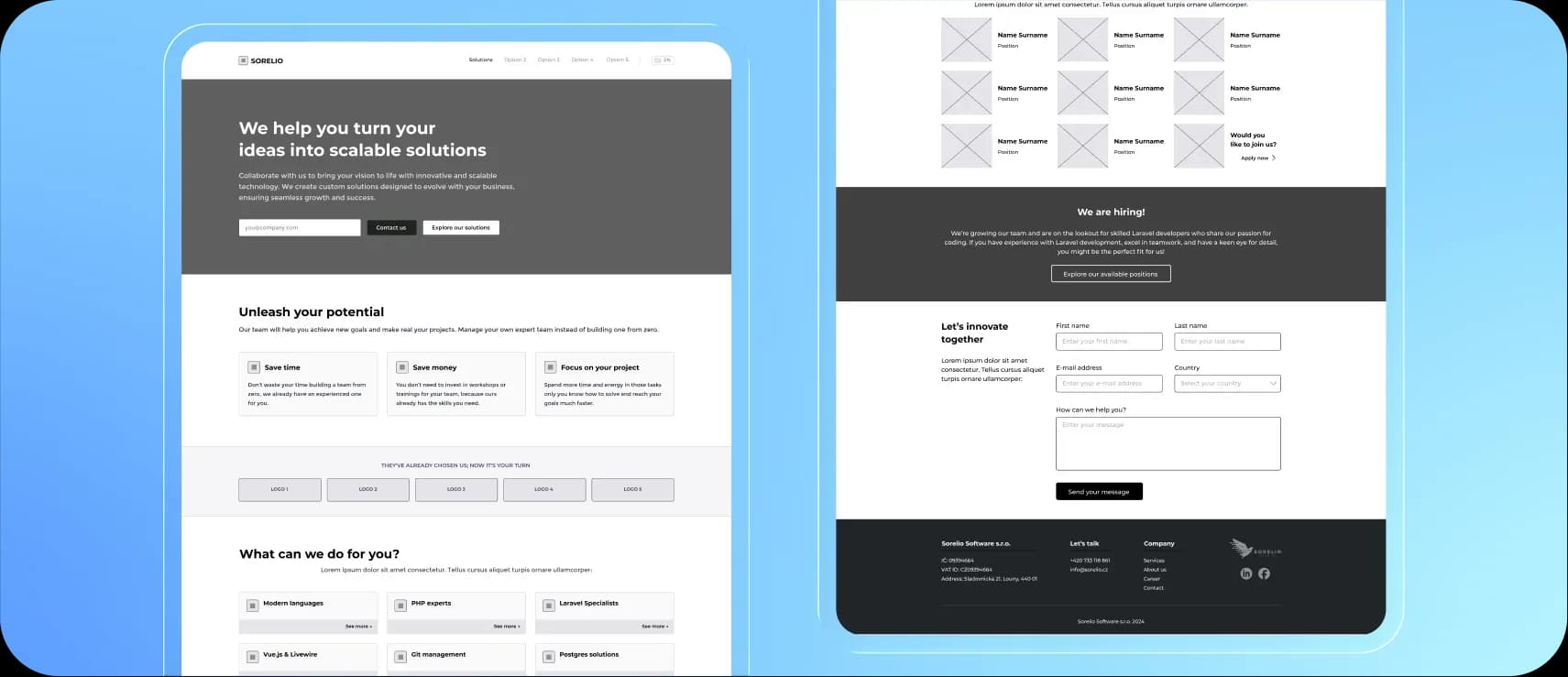 First proposed structure for Sorelio's desktop landing page
