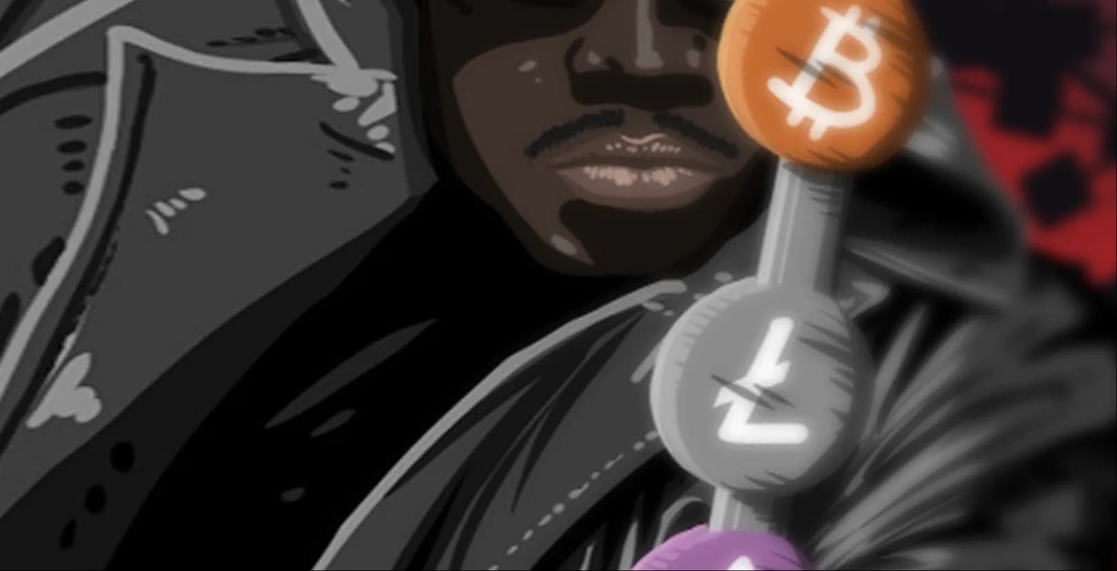 Detalle de una ilustración de Wesley Snipes caracterizado como Blade, con símbolos de Bitcoin, Litecoin y Ethereum frente a él