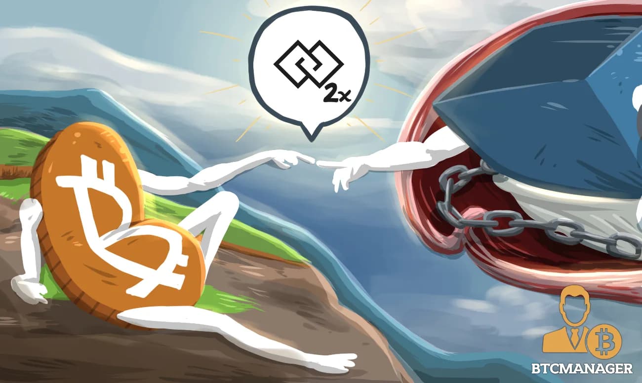 Ilustración inspirada en el cuadro La creación de Adán, de Miguel Angel, con Bitcoin extendiendo la mano hacia un cubo encadenado y el símbolo de SegWit2x entre ambos.