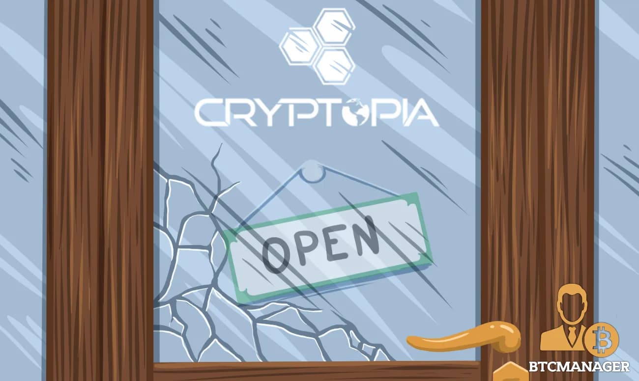 Ilustración de la puerta de entrada de Cryptopia con un cartel de abierto y un vidrio roto.