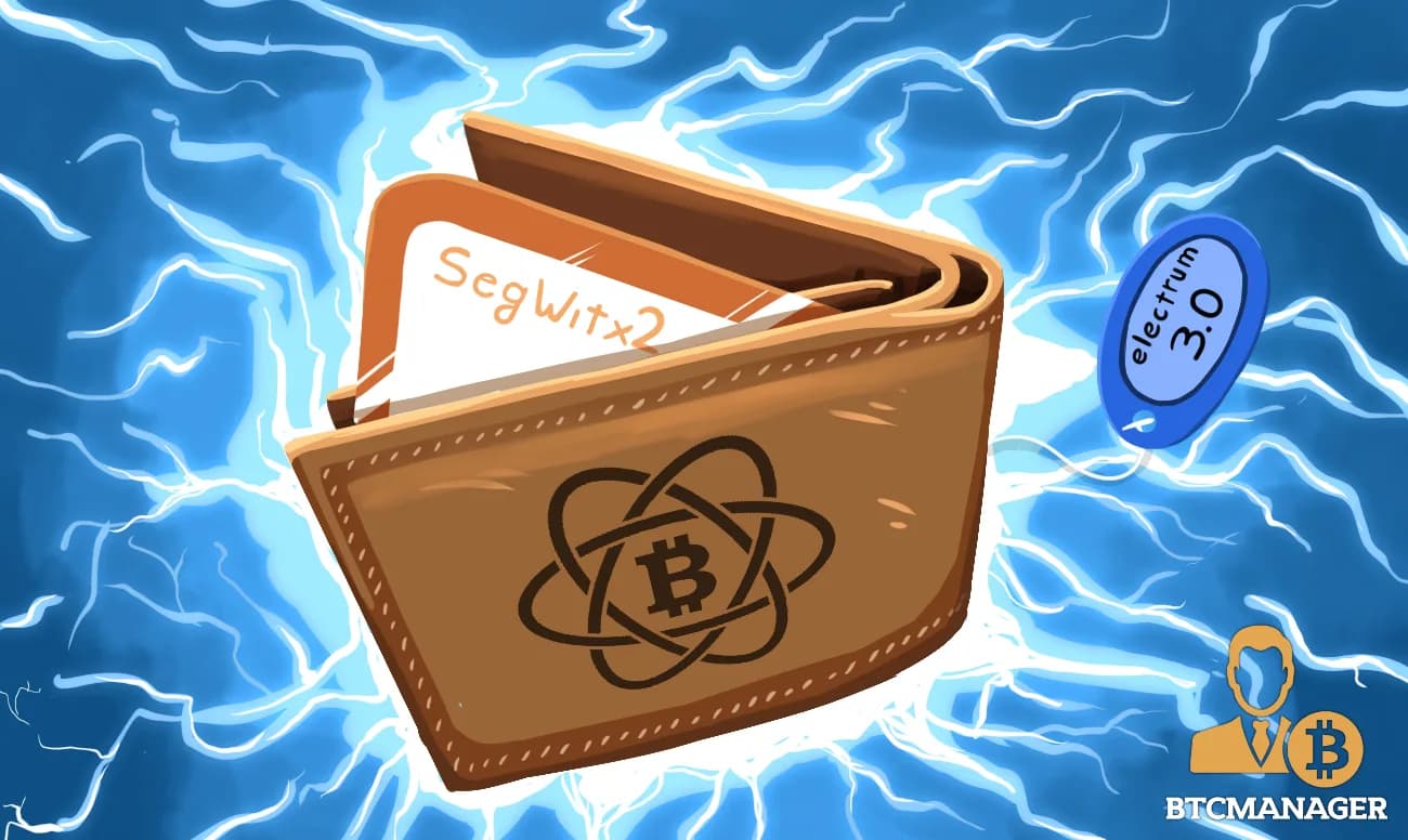 Ilustración de una billetera de Bitcoin con referencias a SegWit2x y Electrum 3.0.