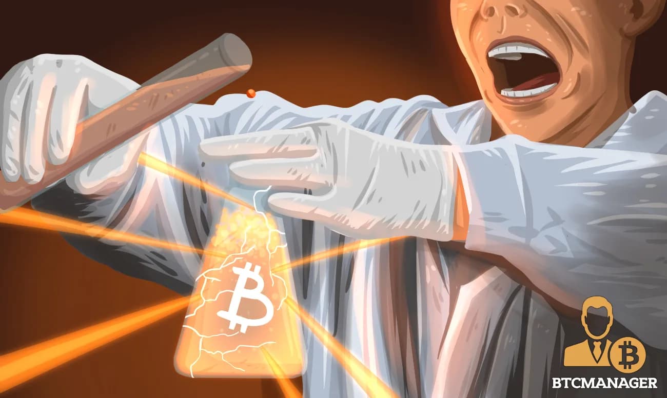 Ilustración de un científico experimentando con una pieza luminosa con el símbolo de Bitcoin.