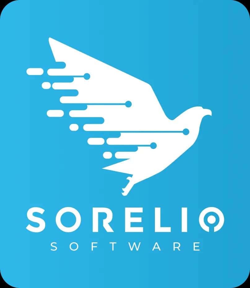 Versión vertical del logotipo de Sorelio sobre fondo celeste