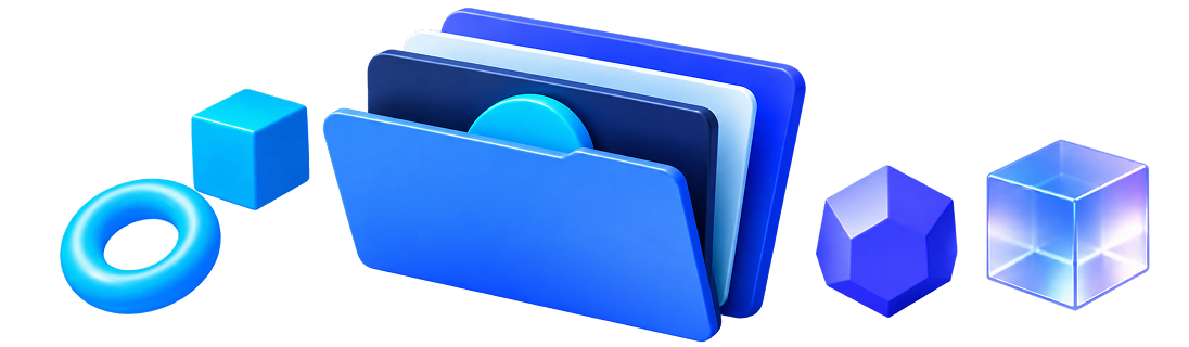Carpeta azul con archivos organizados y figuras geométricas